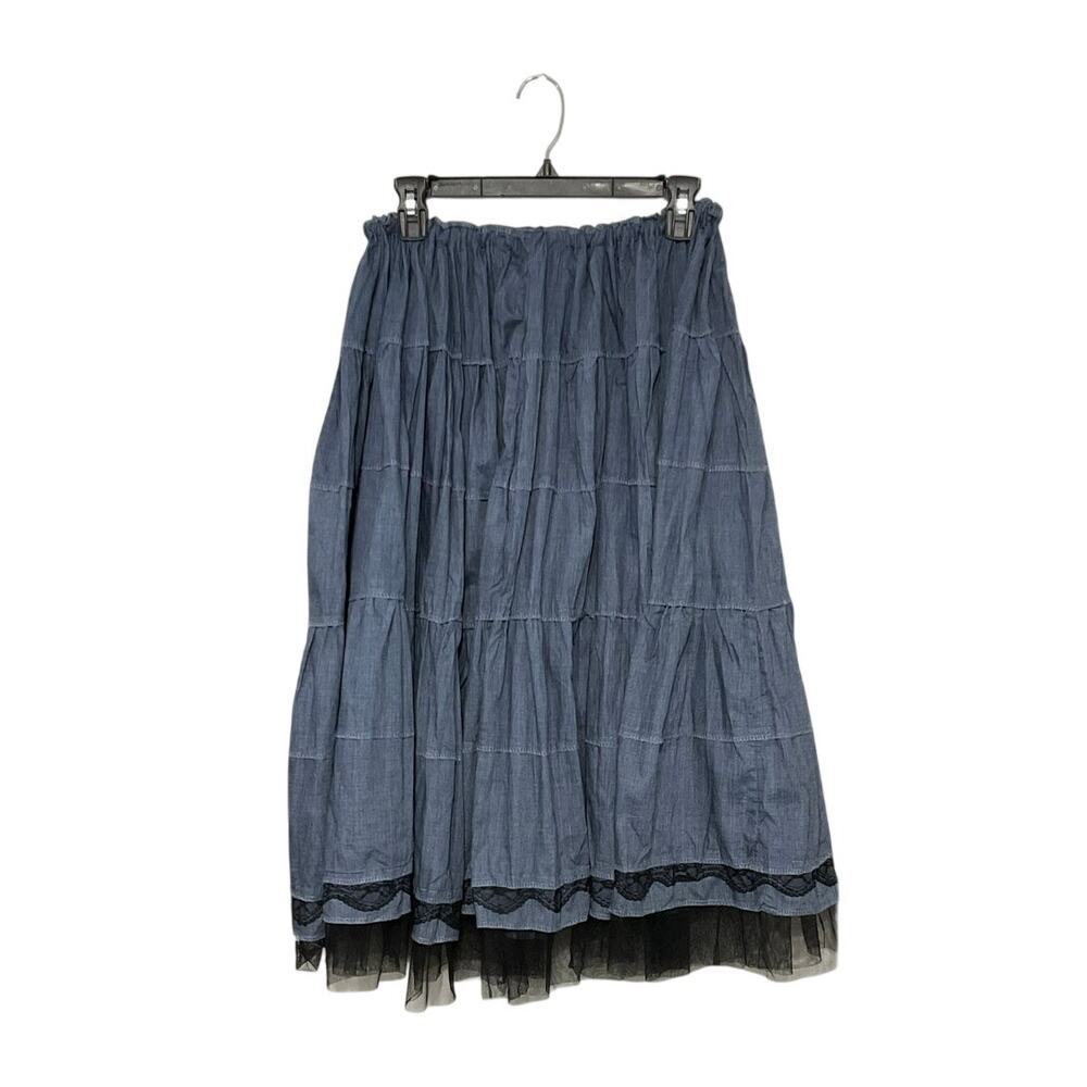 Handmade Blue Tiered Blue Prairie Midi Skirt Elastic Waist Western Boho - Picture 3 of 6